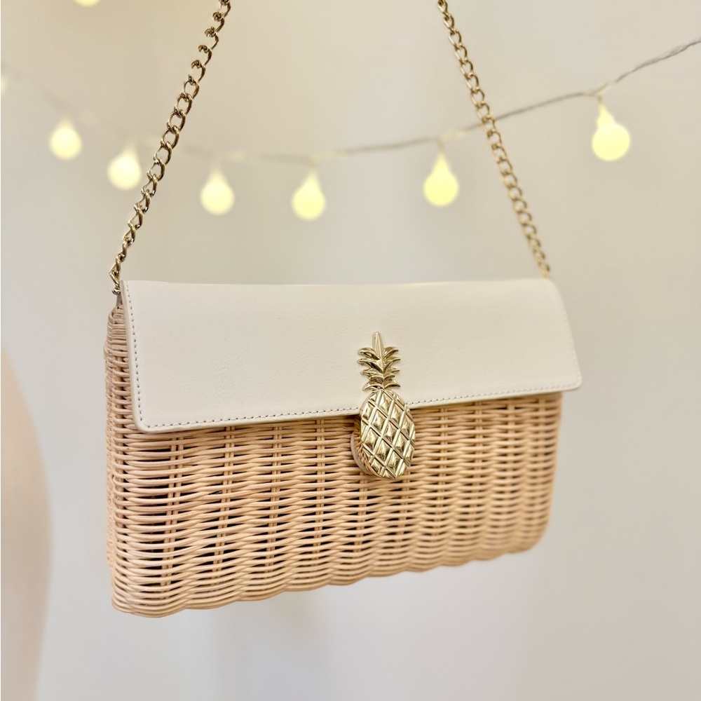 🌾 Talbots Rattan and Leather Gold Chain Strap Shoulder/Clutch Bag LIKE NEW